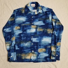 VTG 70s Disco Shirt Abstract Art Poly Hippie Blue Nature All Over Print Large
