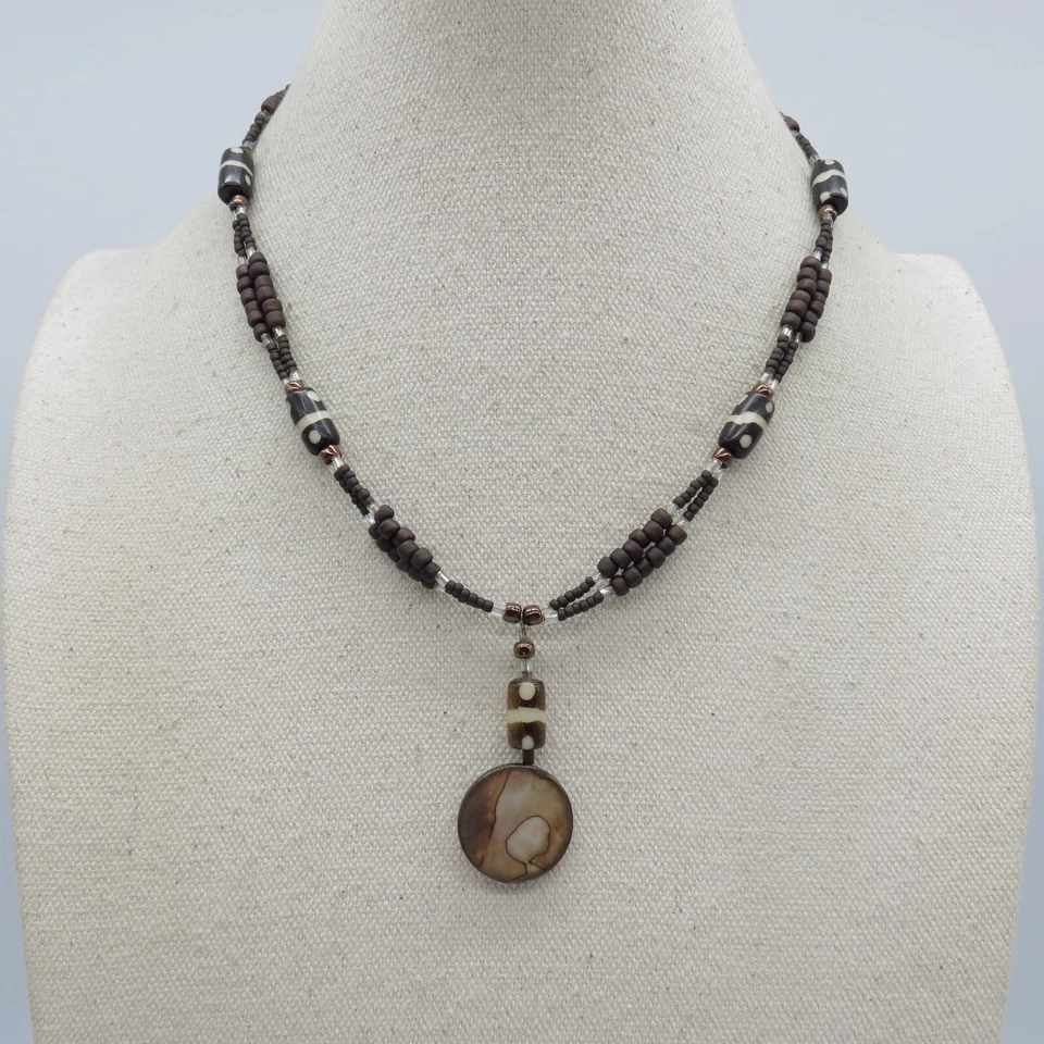 Brown Shell Pendant Beaded Necklace Black Dzi Beads Boho Ethnic 17" - Image 2 of 4