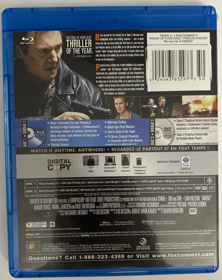 Taken 2 (Blu-Ray, DVD) Liam Neeson, Pre-owned, FREE SHIPPING in Canada - Image 3 of 3