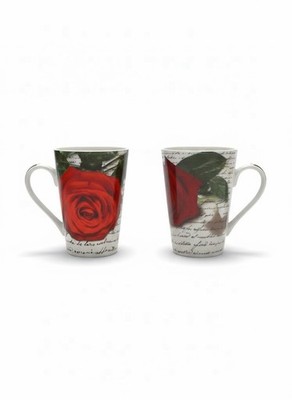 Könitz Porcelain Red Rose Coffee Mug Set Of 2 - Elegant Script Design