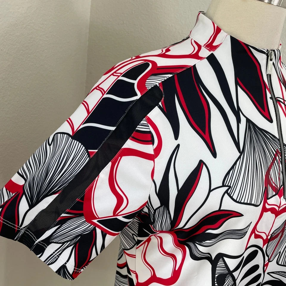 Camisa cauda feminina grande floral folha quarto de zíper golfe manga curta elástica - Imagem 3 de 4