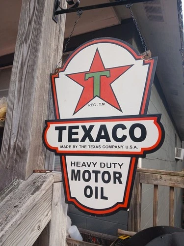 Large Rare Vtg Texaco Star Gasoline Double Sided Heavy Porcelain Sign W/bracket