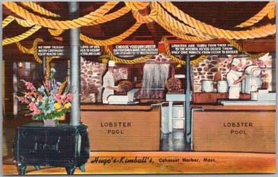 c1940s COHASSET HARBOR, Mass. Linen Postcard ''Lobster Shop - HUGO'S - KIMBALL'S