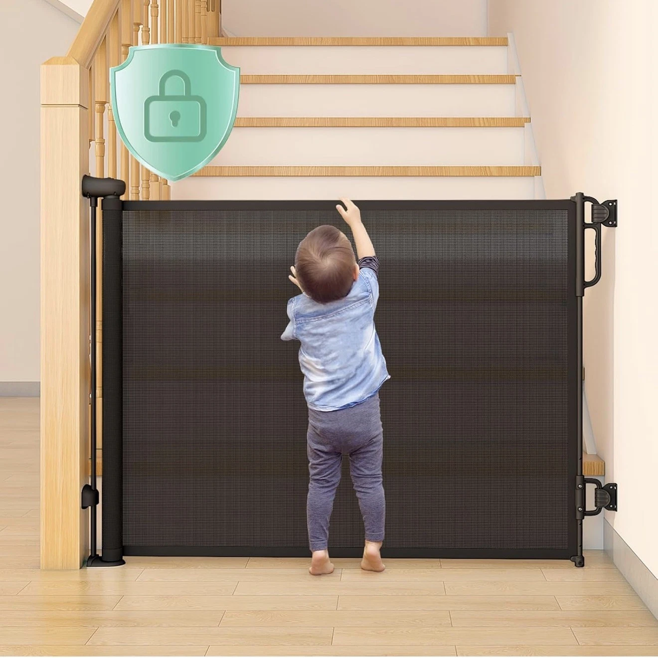 MOMCOZY RETRACTABLE BABY GATE, 33" TALL, EXTENDS UP TO 55" WIDE - BLACK
