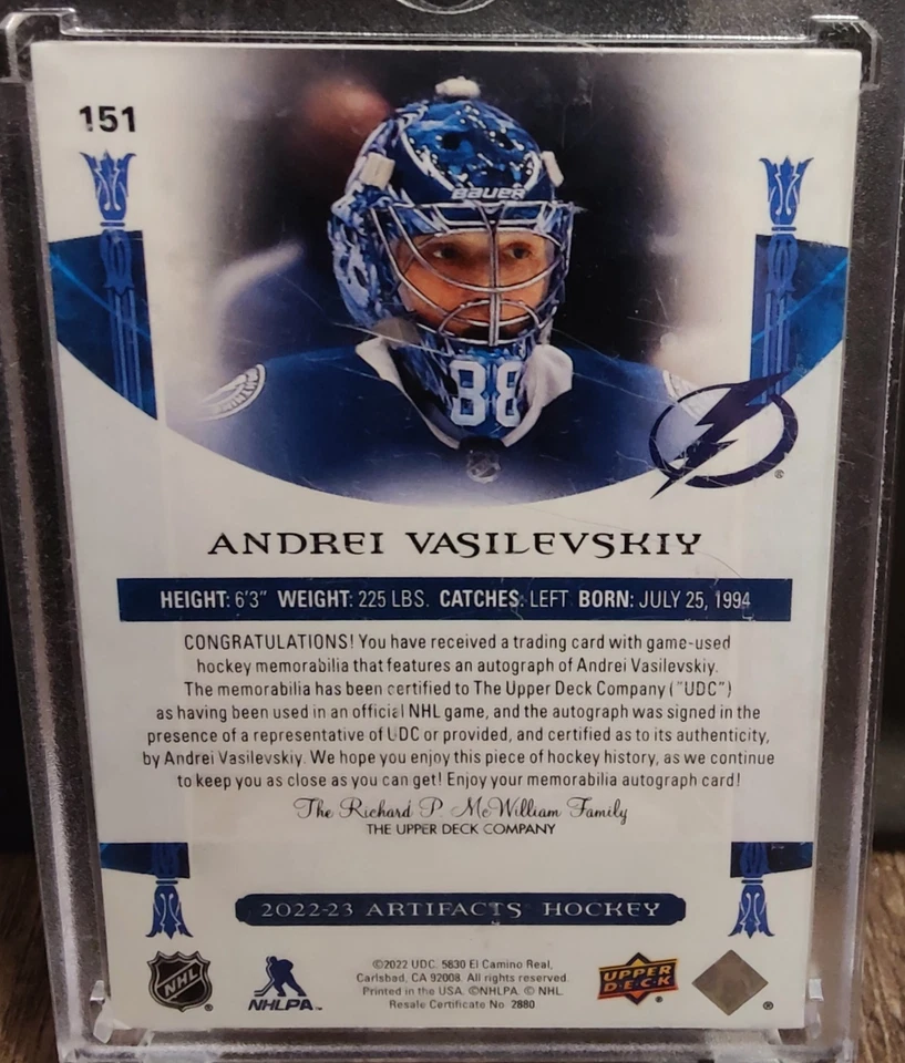 2022-23 Upper Deck Artifacts #151 Andrei Vasilevskiy GU Jersey Patch Auto /10 - Image 2 of 2