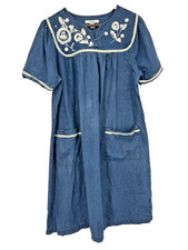 GO SOFTLY Patio Dress Denim Blue Pocket Embroidered muumuu country cottage comfy