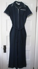 VTG 70s Womens Front Zip Jumpsuit Wide Leg Navy Blue Belted Disco Retro Sz XS/S