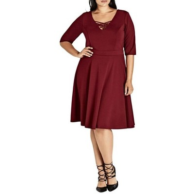 City Chic Skater Dress Cross Neck Elbow Sleeves Knee-Length Ruby Womens Size XL