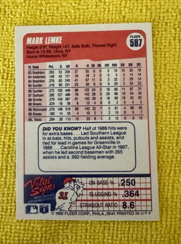 1990 Fleer - #587 Mark Lemke MINT Card With 2 Errors MINT CONDITION RARE - Picture 2 of 5