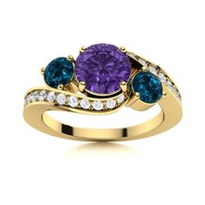 5MM Round Amethyst  London Blue Topaz 925 Silver Gold Plated Three Stone Ring