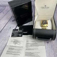 NOS Croton Chronomaster Rectangle Black Gold Stainless Steel Watch 