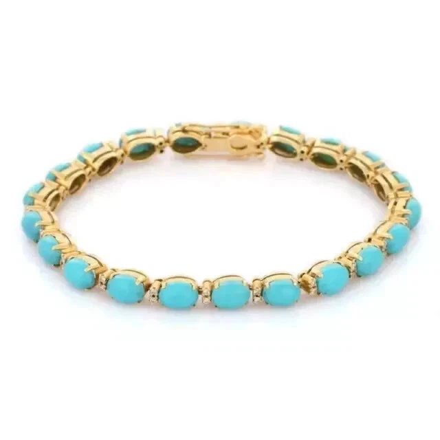 9CT Oval Sleeping Beauty Turquoise Womens Tennis Bracelet 14K Yellow Gold Plated - Image 2 of 3