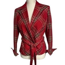 Vintage 90s Evan Picone Red Tartan Plaid Belted Blazer Women's 6 Petite
