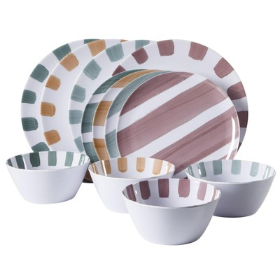 Gibson Home Cottage Stripes 12 Piece Unbreakable Melamine Plates