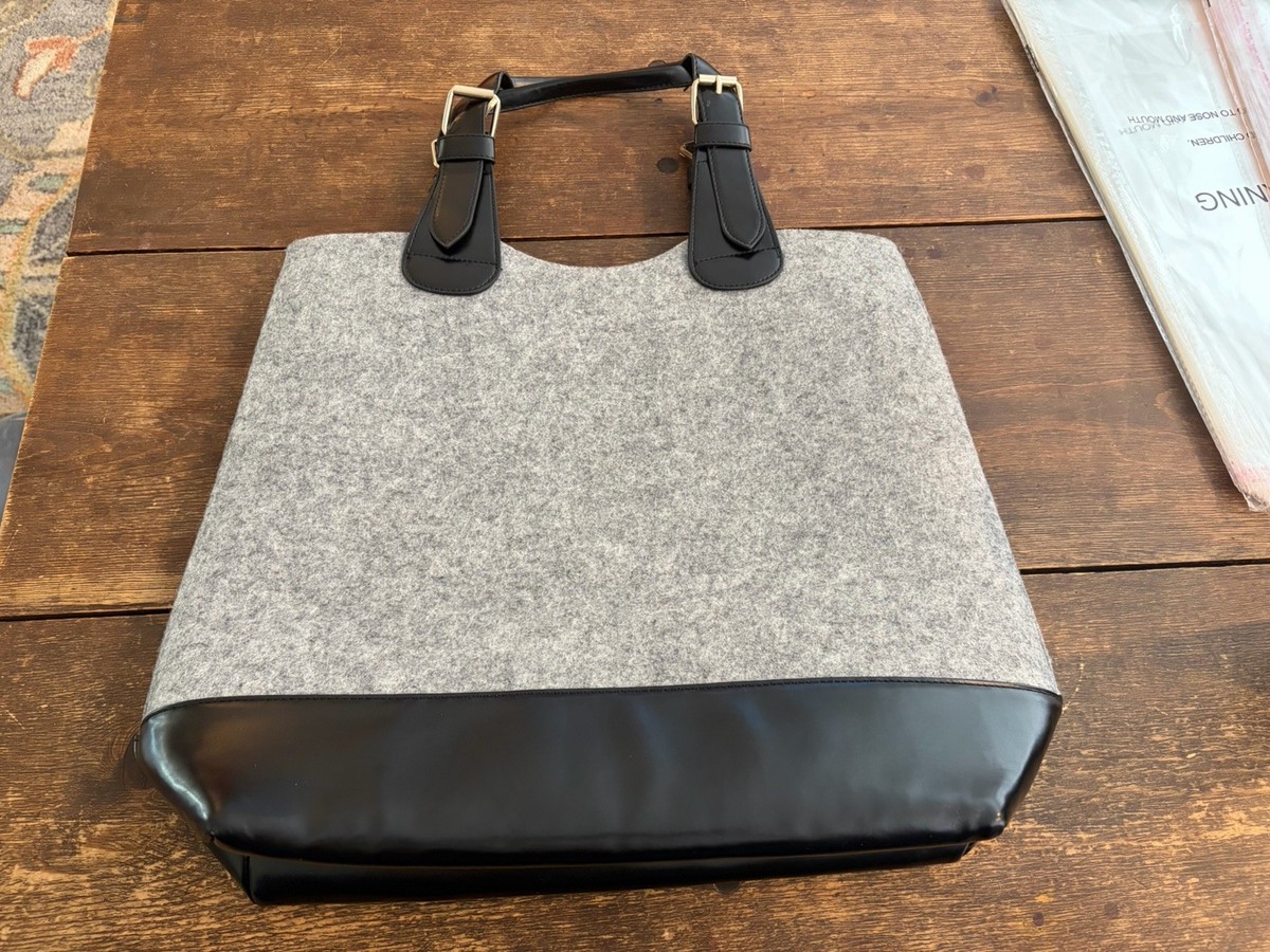 Hugo Boss Gray Felt Leather Tote Bag Large Structured Work Laptop 