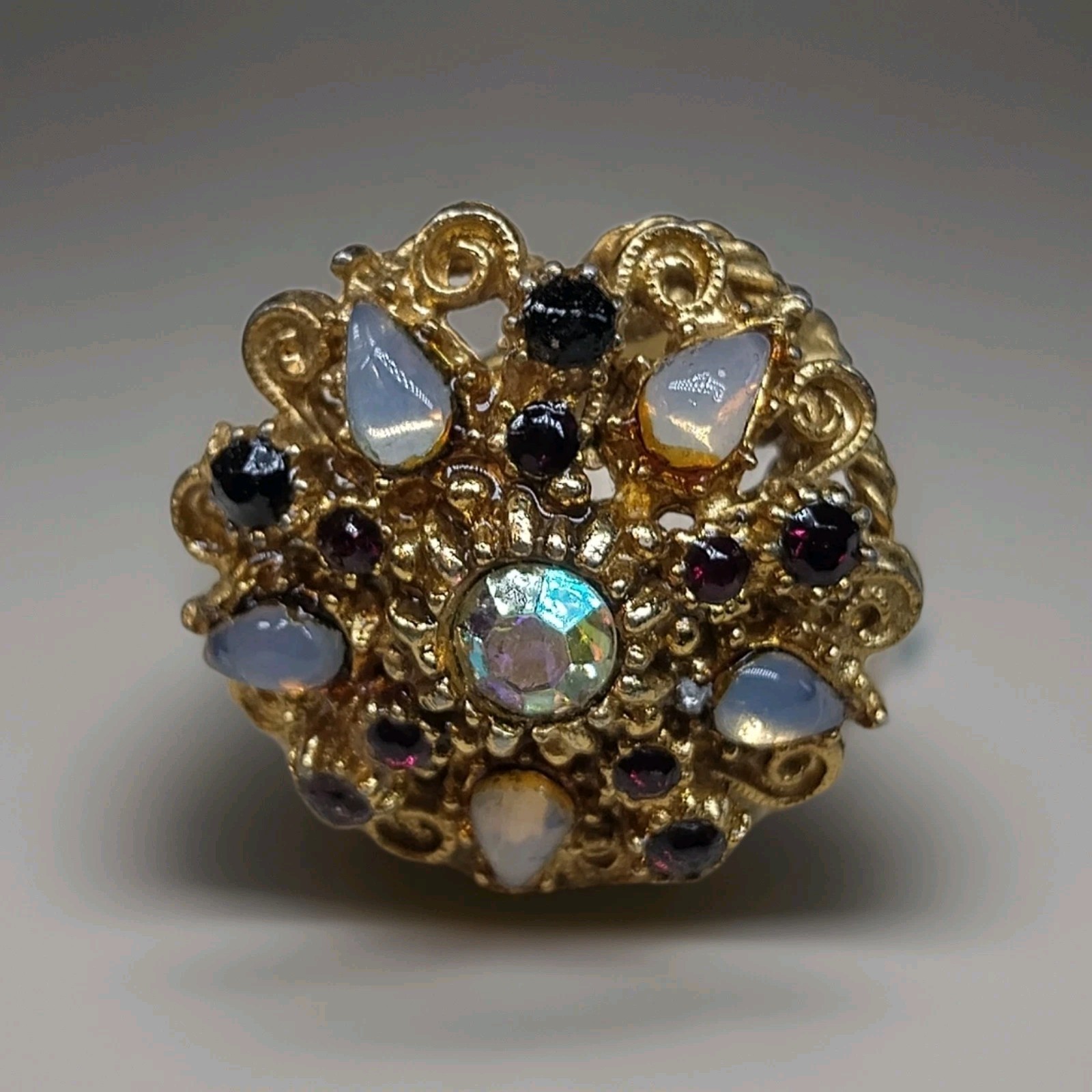 Florenza Vintage Ring Mid-Century Gold Tone Adjustable Flower Rhinestone Signed