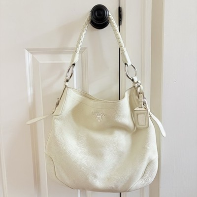 Authentic PRADA White Leather Womens Shoulder Hobo Bag Slouchy
