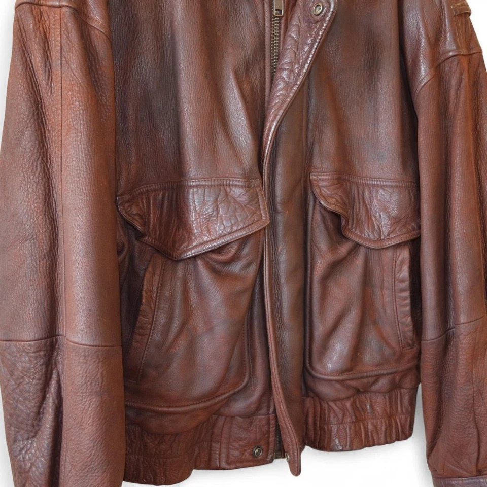 VTG 1990s Paul Stuart medium flannel lined cognac brown oversized leather jacket - Image 3 of 4