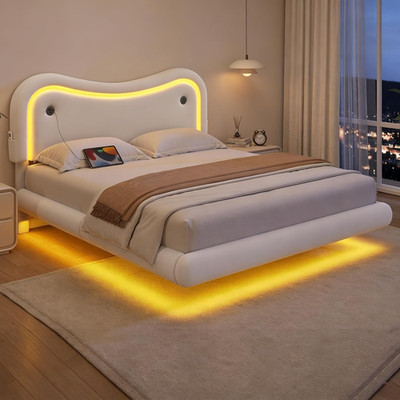 LED Floating Velvet Bed Frame with Charging Station, Full Size, Easy Assembly