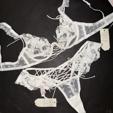 For LOVE LEMONS 36B,36D BRA SET XL thong AMORE lace White heart Floral BRIDAL
