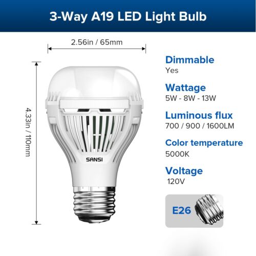 Dimmable LED Light Bulb 13W A19 5000K Daylight 700LM-1600LM Energy Saving SANSI - Picture 5 of 7