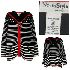 North Style Plus Sz 2x Mixed Print Black & White Polka Dots Striped Zip Hoodie