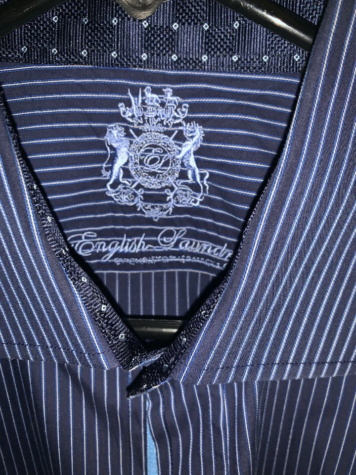 English Laundry Manga Larga Azul Marino Profundo Blanco Rayas Talla 16X35 Para Hombre Excelente Estado Foto 2 de 4