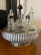 Vintage Cut Glass & Chrome-Rotating CONDIMENT CADDY-Salt/Pepp, Cruets & Jam Jars