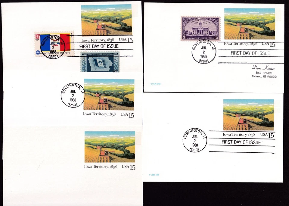 1988 IOWA Centennial FDCs Sc UX123 lot of 4 different + 1 mint postal card - Image 2 of 2