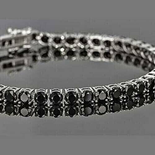 10 Karat rund geschnittenes Labor erstellt schwarz Diamant Tennisarmband 14K weiß vergoldet - Bild 1 von 4