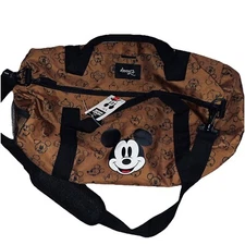 Disney Bio World Mickey Mouse Brown Canvas Tote Duffle Gym Travel Bag New