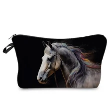 Horse Makeup Bag Small Organizer Bag Toiletry Zipper Pouch Black Background H...