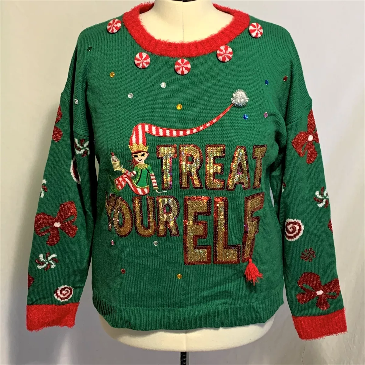 Ugly Christmas Sweater Treat Your Elf Self Peppermint Sequins Green Womens L