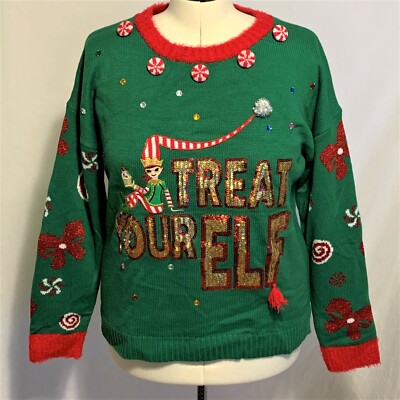 Ugly Christmas Sweater Treat Your Elf Self Peppermint Sequins Green Womens L