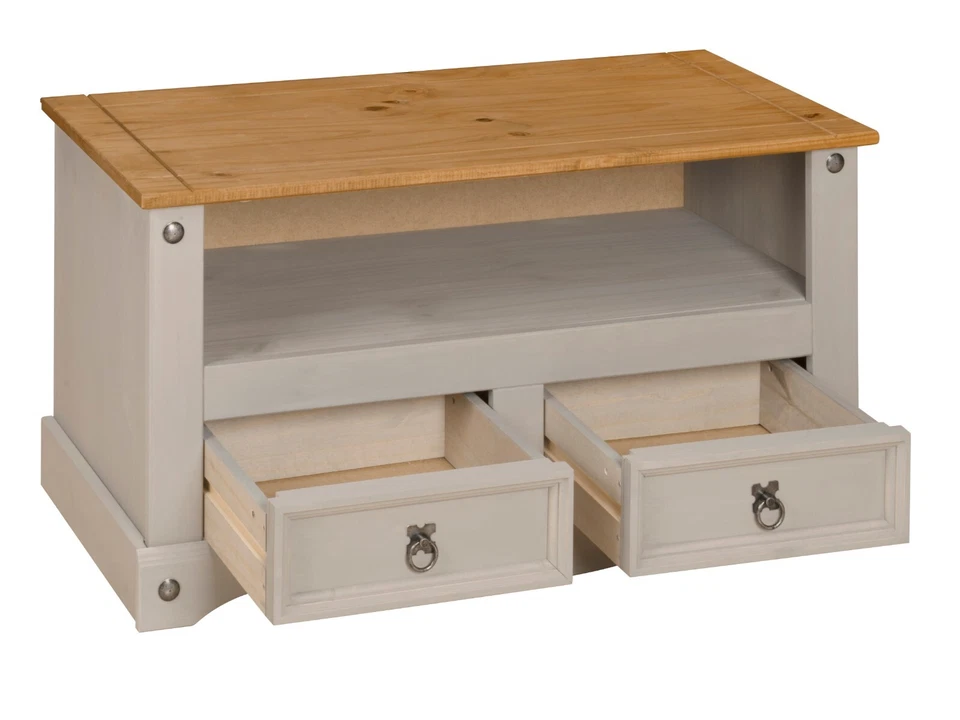 Corona Grey TV Stand Flat Screen 2 Drawer Unit Cabinet Solid Wax Pine Mexican - Image 3 of 4