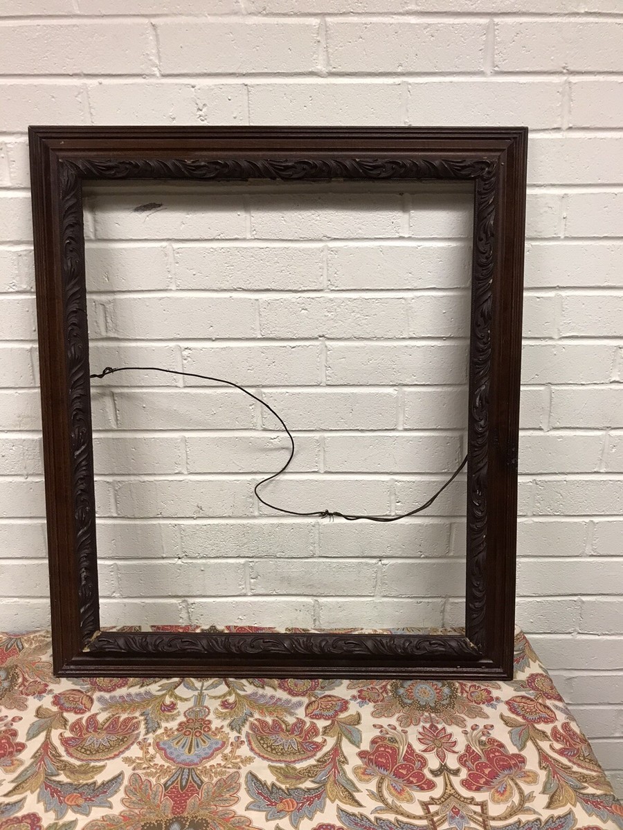 ANTIQUE VTG DARK WOOD ORNATE OPEN FRAME 29” X 25” OPENING 25 3/8 X