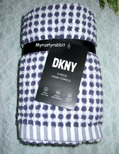 DKNY Gingham Check Blue White Bathroom Hand Towels Set of 2 New