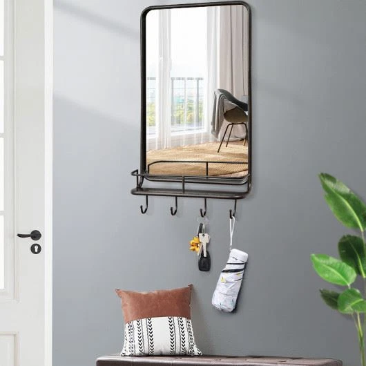 Wall Bathroom Mirror with Shelf Hooks Sturdy Metal Frame for