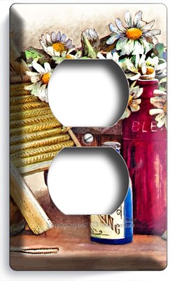 Rustic Laundry Duplex Outlet Cover – Beige Plastic Wall Plate With Vintage Clothes & Baskets Design, Standard Size