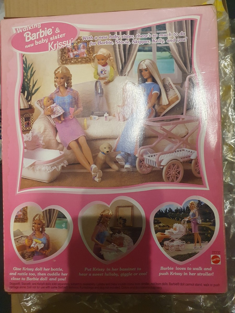 💜1999 Vintage Walking Barbie and Baby sister Krissy Doll and baby trolley  💜