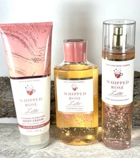 3 pc Bath & Body Works WHIPPED ROSE LATTE Fragrance Mist-Shower Gel-Lotion set