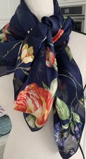 Vintage Echo Scarf Navy w/ Large Flowers 34  Square