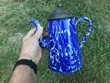 Antique Enamelware & Pewter Cobalt Blue Coffee Pot 19th Century Graniteware N/M