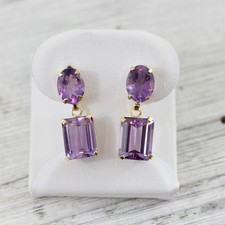Vintage 14K Yellow Gold Amethyst Earrings Gemstone Dangles Purple Luxury