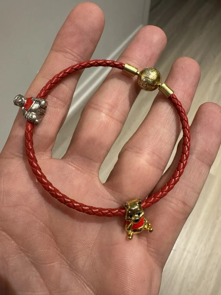 "Auténtico brazalete de cuero tejido rojo trenzado Pandora Moments chapado en oro - 7,5""" Foto 2 de 4