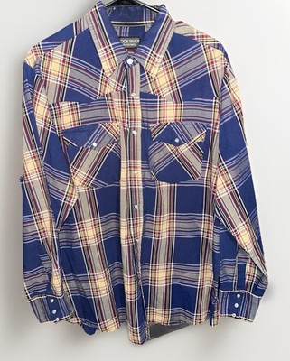 Western Plaid Pearl Snap Shirt Men s XL Brown Blue Long Sleeve Rock River Trade
