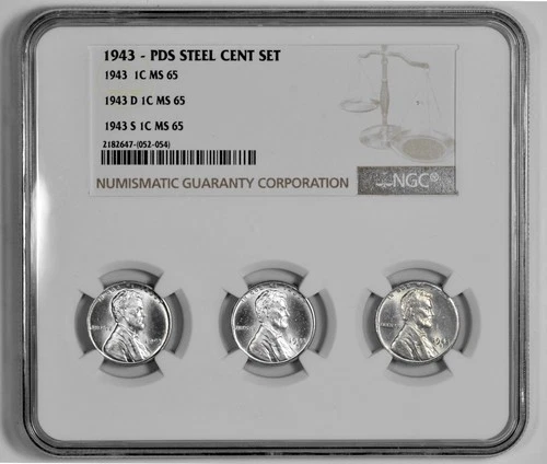 1943 P D S 1c Lincoln Steel Wheat Cent Set NGC MS 65 Three Coin Lot Holder