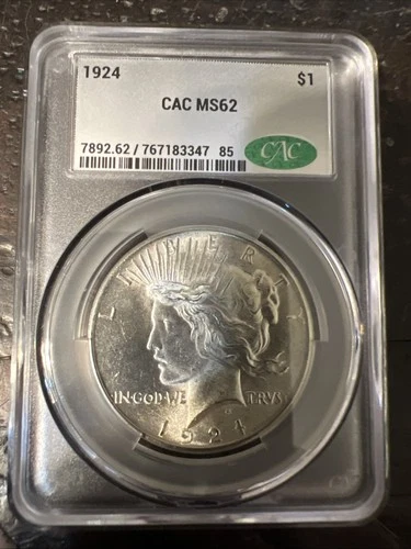 1924 $1 Peace Dollar CACG MS62 CAC Graded 90% Silver Very Clean and Detailed