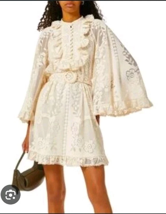 OFF WHITE Mini abito Zimmermann Tiggy in pizzo con volant bianco sporco taglia AU 0 da sposa