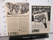 newspaper ad 1940 LIONEL toy train (2) premium 64 pg catalog flames of death